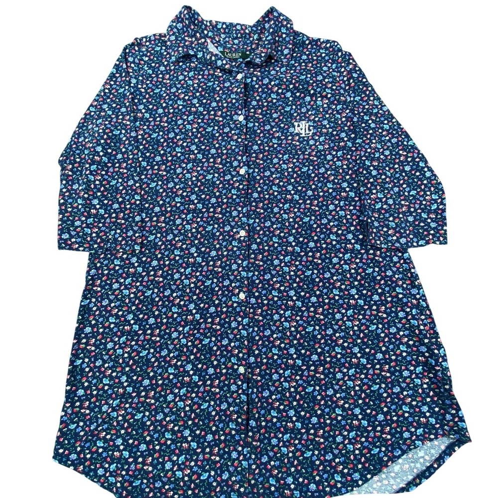 Lauren Ralph Lauren Shirt Dress Large Blue Floral AOP Midi Button Up 3/4 Sleeve